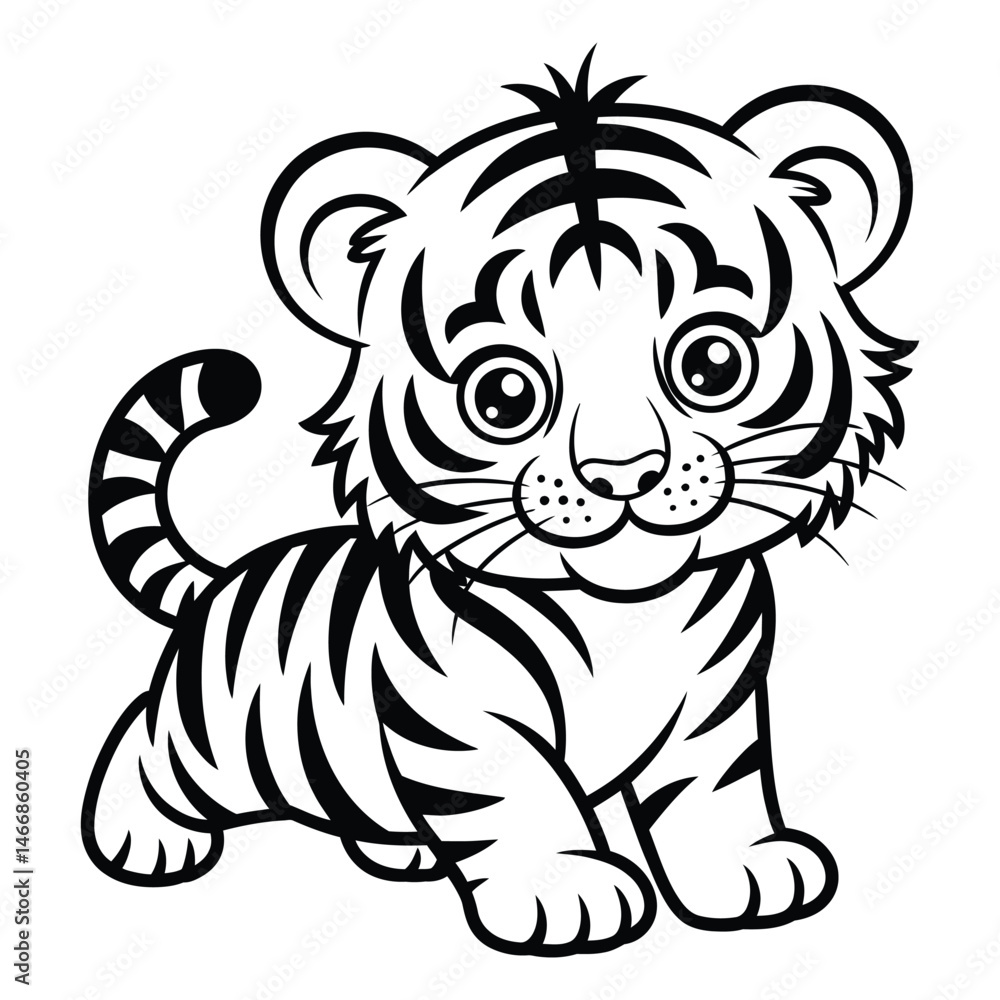 Fototapeta premium Baby Tiger Coloring Page, Silhouette, Vector, Illustration, Icon, Logo, White Background.