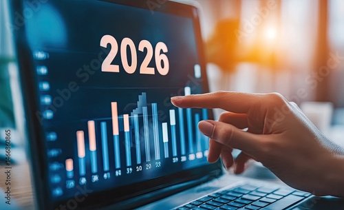 A hand points to a 2026 financial chart displayed on a laptop screen, showing upward trend graphs