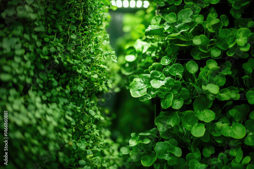 indoor photo of microgreen farm in small urban space, vertical hydroponic shelves growing leafy greens under LED lights, clean environment 