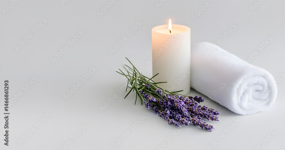 Minimalist spa setup featuring glowing candle, fresh lavender sprigs, and rolled towel on clean white background, captured in soft light to convey calm, purity, and wellness atmosphere
