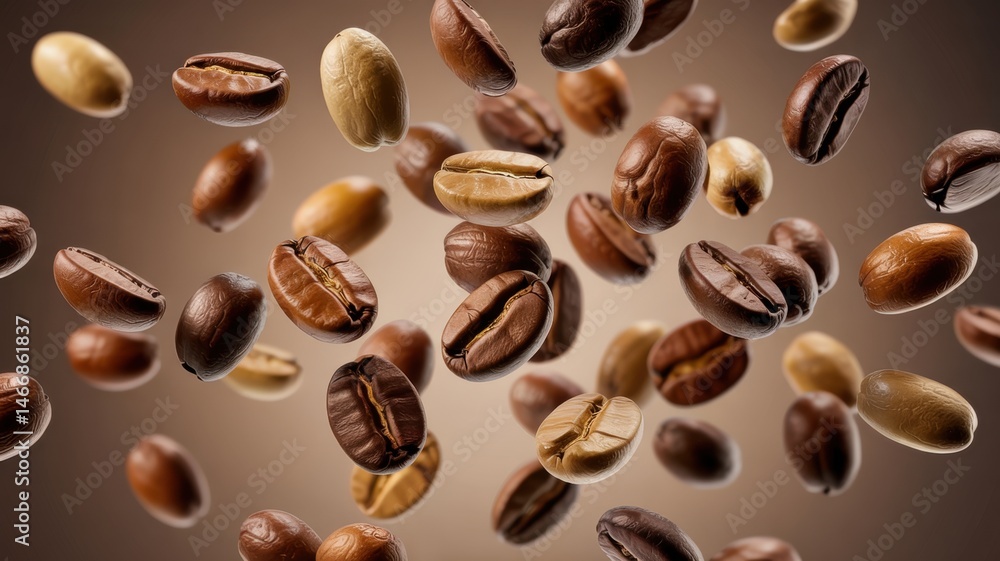 Obraz premium Promotional photo of coffee beans floating on a transparent background. They seem to float in the air, plunging into a world of transparency.