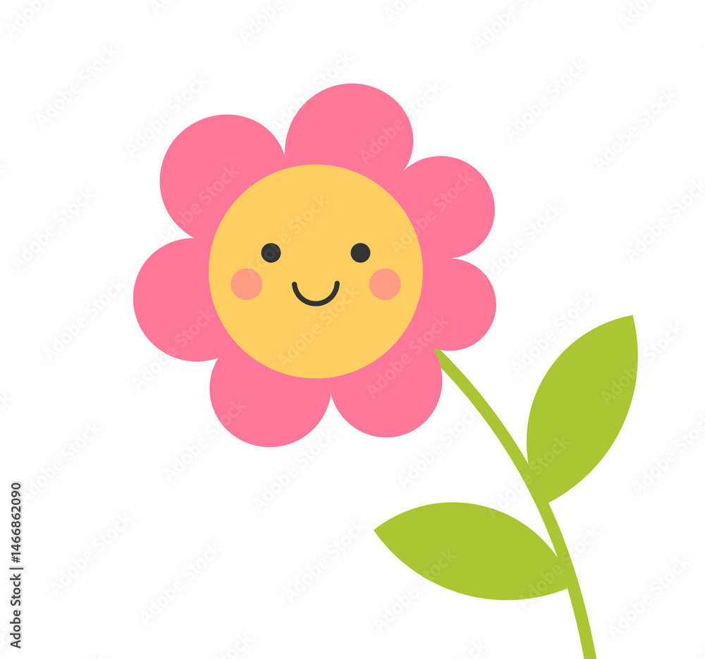 Cute smiling pink flower over transparent background. Simple flower flat design element. PNG illustration.