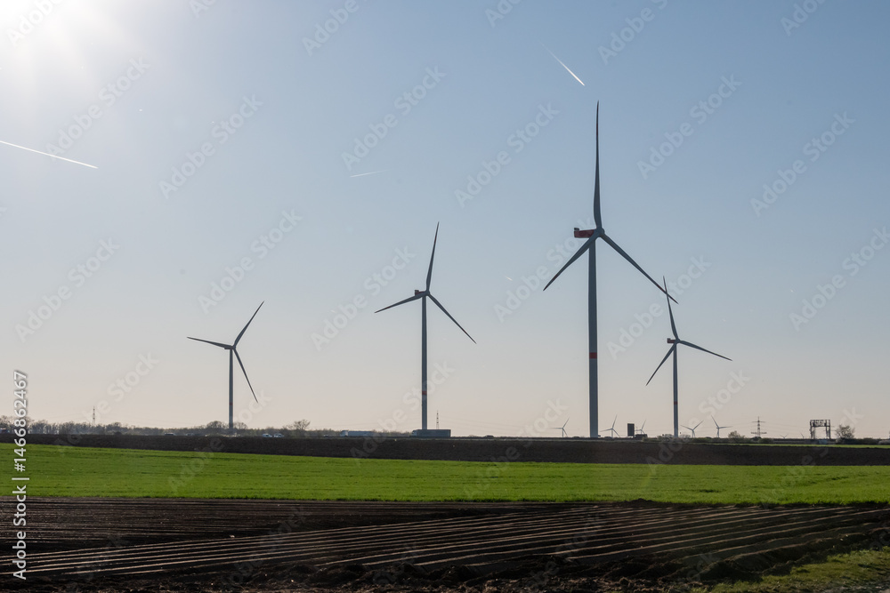 A field with four wind turbines in the background A field with four wind turbines in the background
