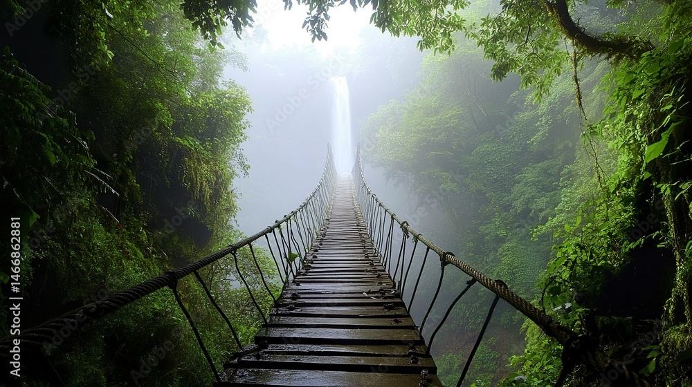 Obraz premium A rickety rope bridge crossing a misty jungle canyon, its planks leading toward a majestic waterfall obscured by rising mist and dense foliage. 