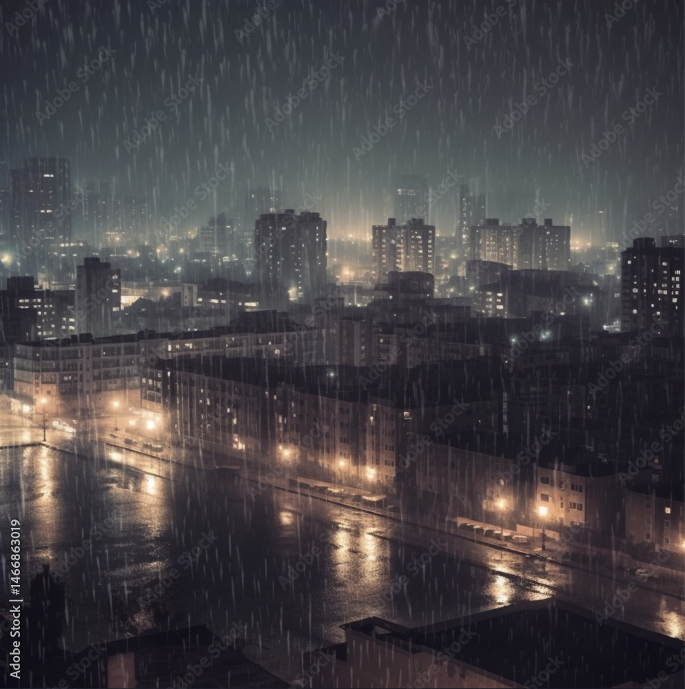 Beautiful view of the city at night. Heavy rain.