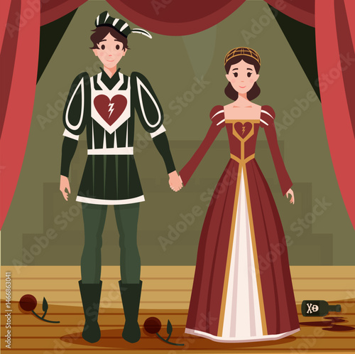 vector illustration. medieval theater. staging of Shakespeare's play. Romeo and Juliet.
