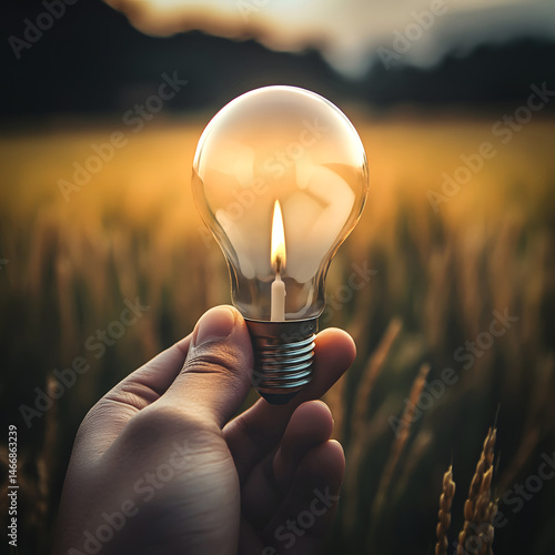 Obraz na płótnie Close-up of fingers delicately holding glowing lightbulb with soft-focus rice field in background, symbolizing sustainable ideas and innovative thinking rooted in nature and agriculture. w salonie