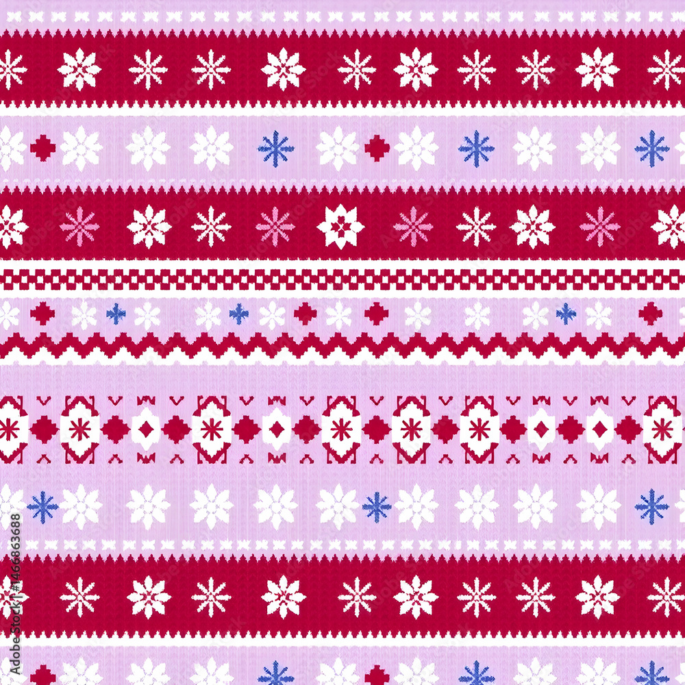 Cranberry-Lilac Fair Isle snowflake fabric with Nordic charm pattern. Cranberry-Lilac Fair Isle snowflake fabric with Nordic charm pattern.