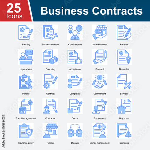 Business Contract is a collection of icons that represent various elements of business agreements, including contract terms, legal advice, financing, dispute resolution, penalties.