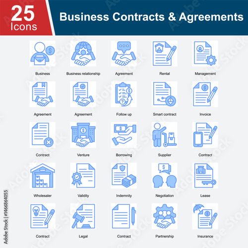 Business Contracts & Agreements is a collection of icons representing various business contracts, including rental agreements, partnership contracts, smart contracts, leases, supplier agreements.