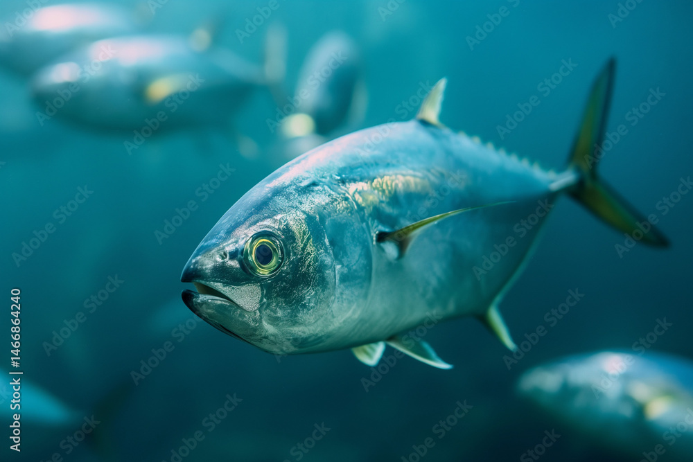 Striking close-up view of a tuna, showcasing its detailed scales and vibrant colors, swimming in the ocean. Generative AI