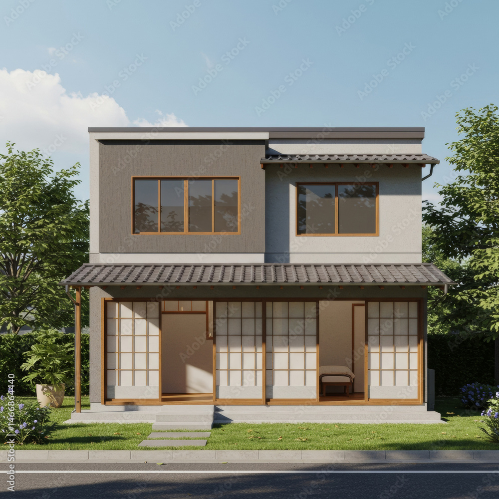 Obraz premium Two-story Japanese-style home with a tranquil garden setting. Modern facade with sliding shoji screens and a paved walkway.