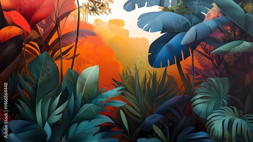 Vibrant Tropical Jungle Leaves Lush Foliage Orange Sunset Background Illustration