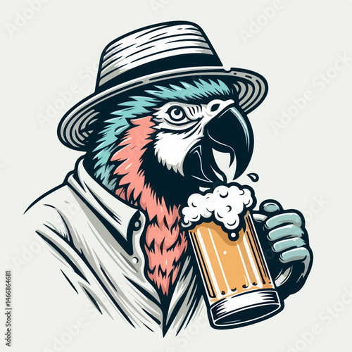 Parrot Enjoying Beer: A whimsical parrot in stylish attire takes a refreshing break, savoring a foamy pint of beer in a lighthearted illustration.
