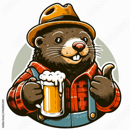 Cheers to the Weekend: A charming cartoon beaver in a flannel shirt and a jaunty hat, enjoys a refreshing glass of beer, offering a thumbs up in a playful nod to weekend vibes.