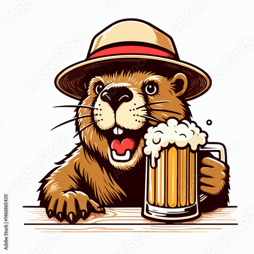 Cheerful Beaver with Beer: A whimsical illustration of a beaver, sporting a hat, and holding a full mug of beer. The artwork is a jovial representation of fun and relaxation.