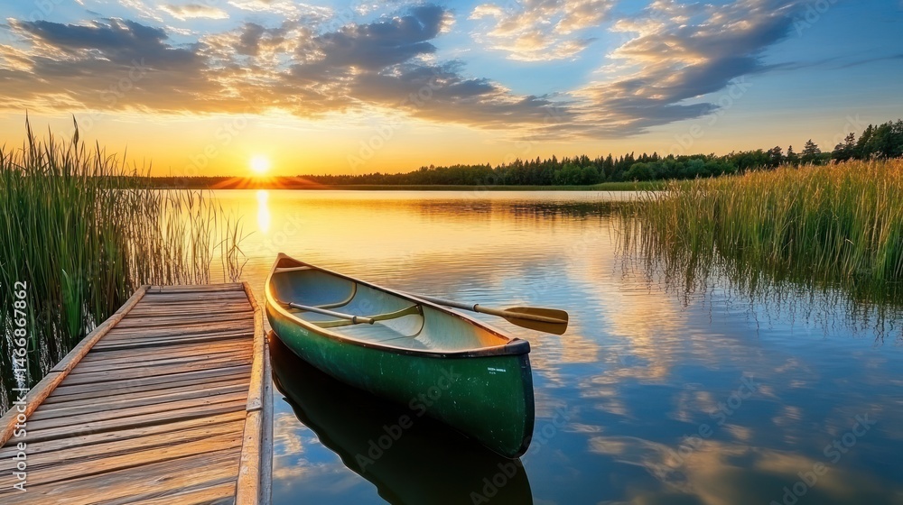 Obraz premium Tranquil sunset lake canoe dock; peaceful evening nature scene