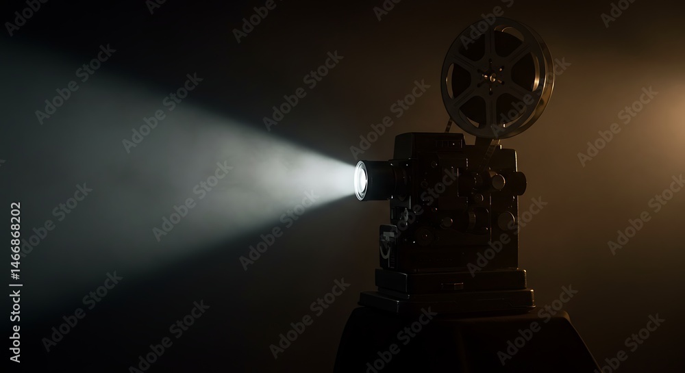 Fototapeta premium Vintage Film Projector Casting a Dramatic Beam of Light in Dark Room