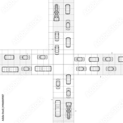A crosswalk with cars and trucks on it. The cars are stopped at the intersection. Scene is busy and hectic. Top view