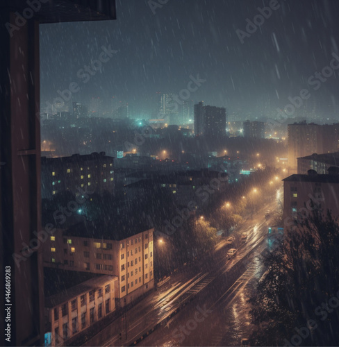Beautiful view of the city at night. Heavy rain.