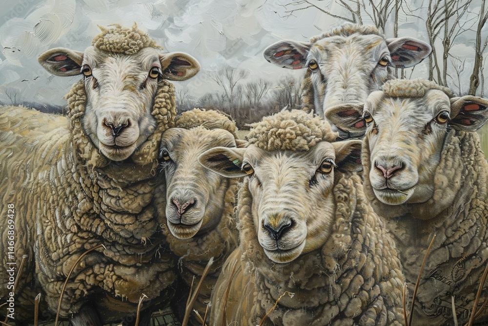 Obraz premium A charming gathering of five sheep with their curly wool peering curiously at the viewer