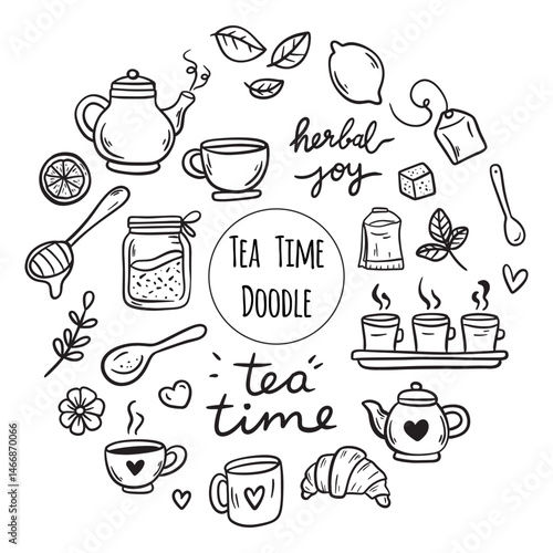 Tea Time Doodle Illustrations A Unique Collection Featuring Various Teapots, Cup and Accessories