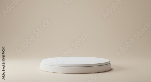 Elegant White Circular Display Platform - Minimalist white round podium on a beige background, ideal for product presentation or branding. Clean and simple design