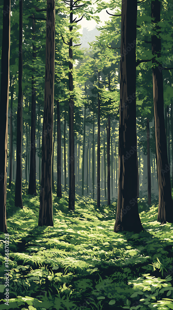 Obraz premium Lush green forest, tall trees, sunlight streaming through, nature landscape, forest trail, peaceful woods, forest scene, green foliage, forest path, nature walk, tranquil woods, green scenery