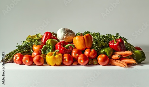 A vibrant assortment of fresh vegetables, including bell peppers, tomatoes, carrots, asparagus, and leafy greens, piled high on a plain white surface