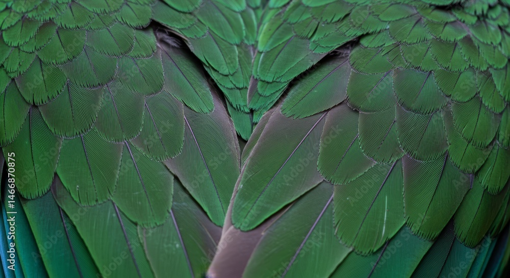Naklejka premium Emerald Avian Wings: A Close-Up Study - Intricate feather details, vibrant green hues, natural texture, avian elegance, wildlife beauty. Symbolizing freedom, nature, beauty, tranquility, and flight