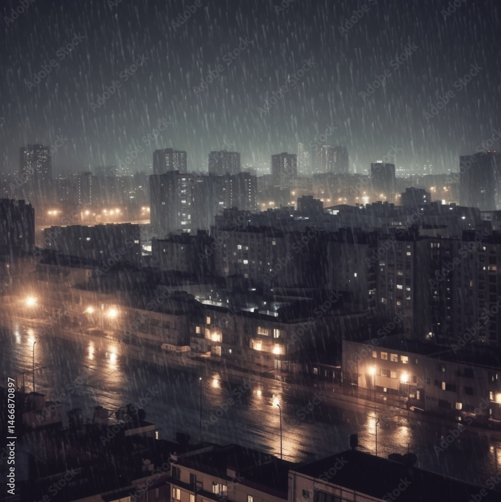 Beautiful view of the city at night. Heavy rain.