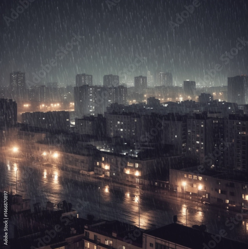 Obraz na płótnie Beautiful view of the city at night. Heavy rain. w salonie