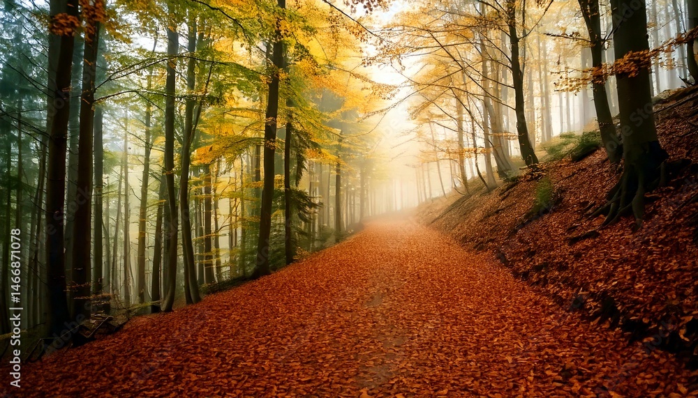 Obraz premium Sendero forestal brumoso con hojas otoñales y suave pendiente