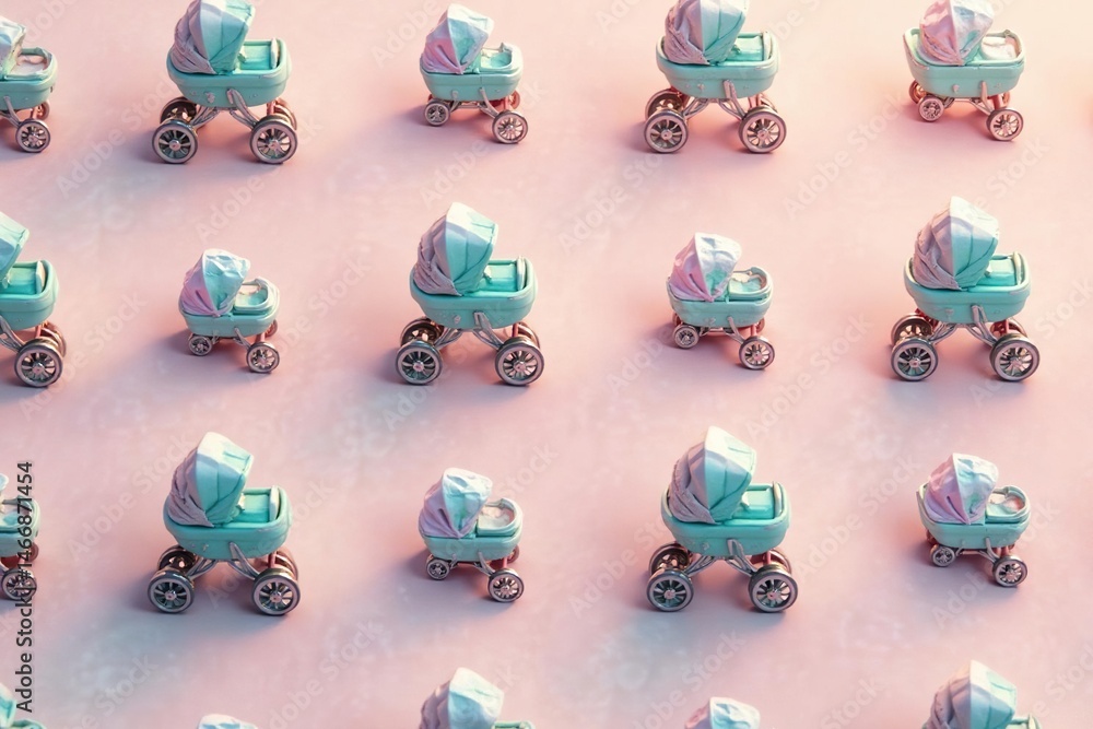 Fototapeta premium Pastel-colored strollers, repeating geometric pattern, background, stylish, fabric