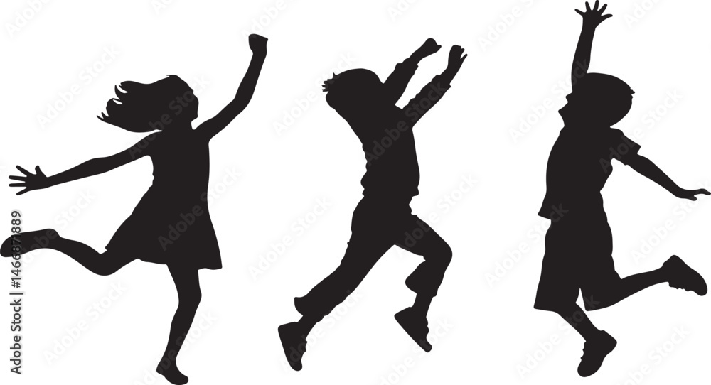 Obraz premium Joyful Children Silhouettes Jumping | Energetic Kids in Playful Poses | Carefree Childhood Happiness | Black Silhouettes of Kids | Enthusiastic Children Mid-Jump