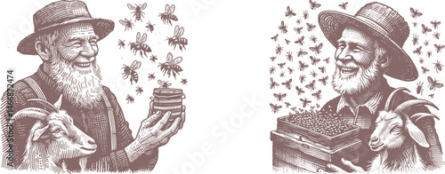 brown Engraved Designs Elderly Beekeeper Smiling with Bees Swarming and Goat Peeking from the Side
