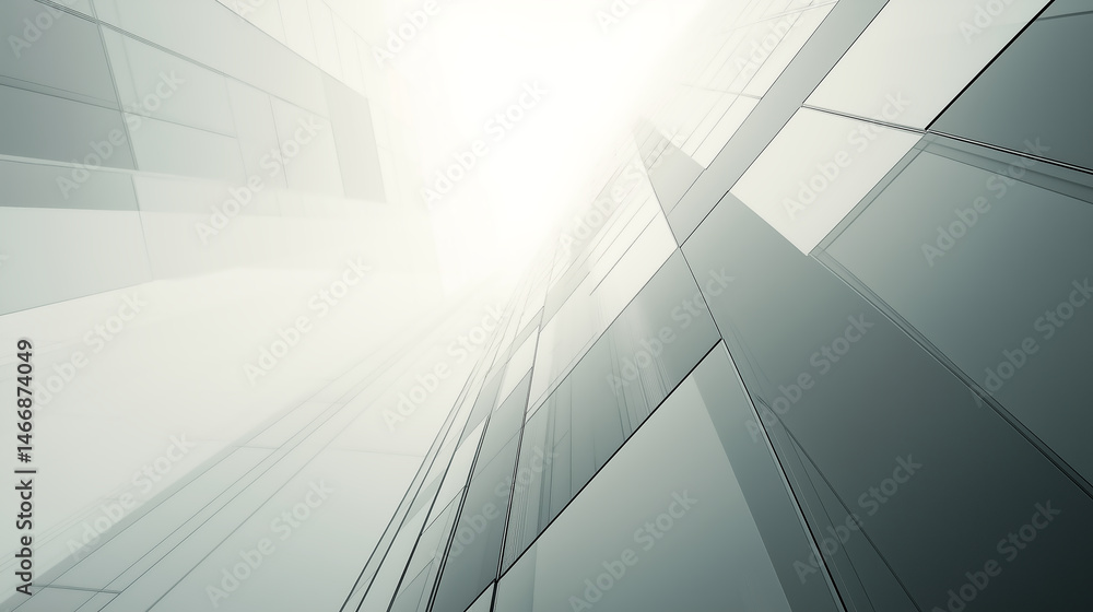 Obraz premium Modern corporate building reflecting light in a dynamic urban environment with overlapping glass panels creating a unique perspective