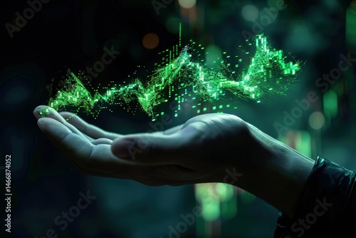 Digital Data: Green luminous chart floating above a hand in dark background