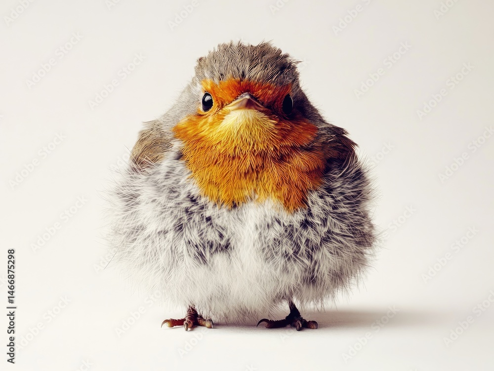 Obraz premium Fluffy robin, front view, close-up, cute, plump, small bird