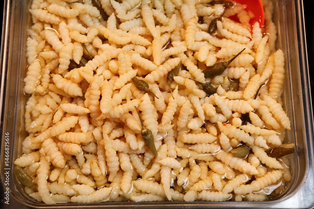 Silkworm pupae at Gwangjang Market in Seoul
