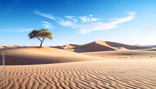 Tranquil landscape of undulating desert with a solitary tree against a blue sky