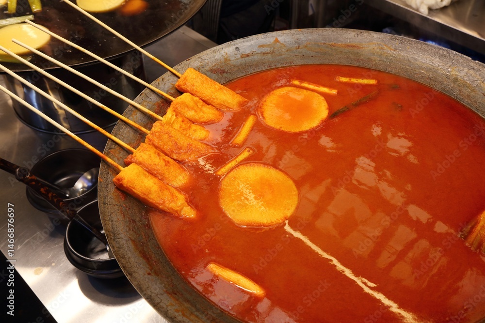 Odeng fish cake skewers in spicy soup, Korean food