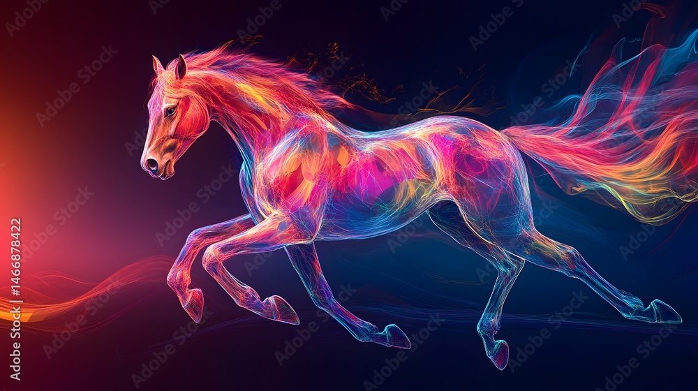 Horse Chinese Zodiac in Dynamic Motion: A galloping horse, its form captured in dynamic motion with flowing lines and a blend of vibrant colors, symbolizing energy and freedom.
Horse Chinese Zodiac in Dynamic Motion: A galloping horse, its form captured in dynamic motion with flowing lines and a blend of vibrant colors, symbolizing energy and freedom.