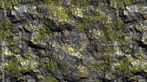 Mossy Rock Texture Close-up, Detailed Surface with Green Moss Patches, Natural Stone Background, Overhead Shot, Outdoors