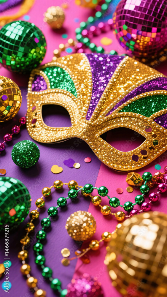 Playful Mardi Gras Composition with Glitter Spheres, Shiny Beads, and Bold Golden and Emerald Accents Playful Mardi Gras Composition with Glitter Spheres, Shiny Beads, and Bold Golden and Emerald Accents
