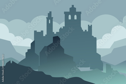 abandoned castle ruins on a rocky cliff surrounded.svg
