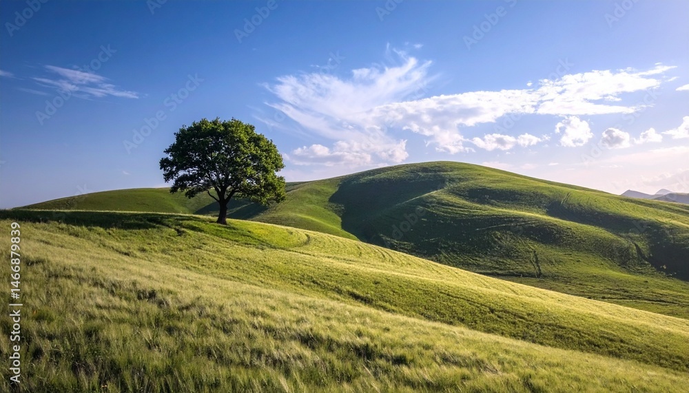 Obraz premium Tranquil landscape of undulating green hills with a solitary tree against a blue sky