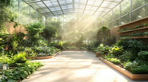 A modern greenhouse with tall plants growing in organized rows, bathed in natural light. Gardening, calm space.