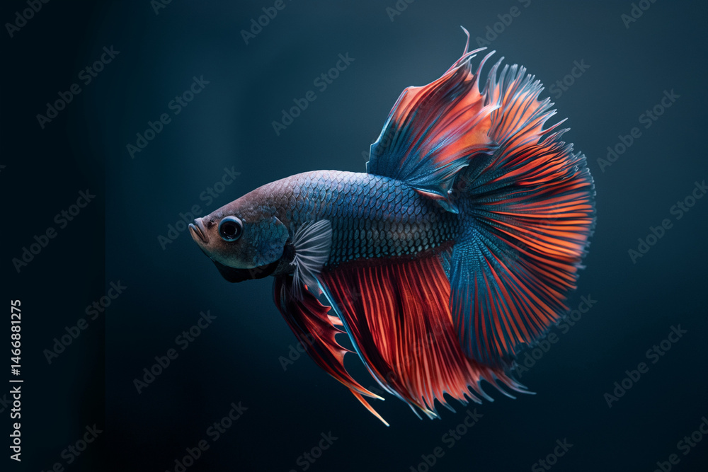 Fototapeta premium A stunning, vibrantly colored betta fish gracefully swims, showcasing its intricate fins and aquatic beauty. Generative AI