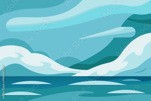 arctic shoreline with icy wind and low clouds 